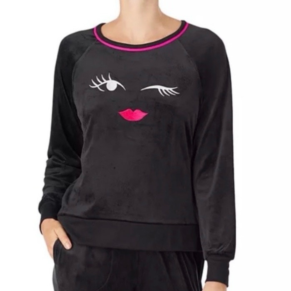 Kate Spade Dream A Little Dream Wink Face Black Velour Long Sleeve Top Sz M